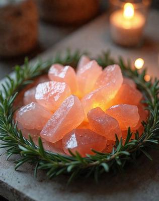 The primary subject of the image is a bowl filled with various types of crystals, including pink and clear ones. The bowl is placed on a table, and the crystals are illuminated by a light source, creating a visually appealing display. The setting appears to be indoors, with a focus on the artistic arrangement of the crystals. The visual style of the image is a combination of photo and digital art, as it captures the beauty of the crystals and their reflections