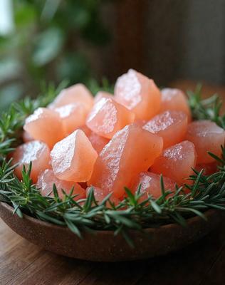 The primary subject of the image is a bowl filled with small, pink, and clear crystals. The setting is a wooden table, and the visual style appears to be a close-up of the bowl. The colors and mood of the image are predominantly pink and warm, creating a visually appealing and inviting atmosphere.
