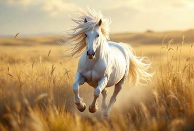 Primary subject: A white horse with blonde hair running through a field of tall grass.

Setting/background: The horse is running through a field of tall grass, with a sunny day creating a warm and inviting atmosphere.

Visual style: The image is a photo of the horse in motion, capturing the beauty and grace of the animal.

Colors and mood: The dominant colors in the image are shades of yellow and brown, representing the warmth and natural beauty of the scene. The overall m