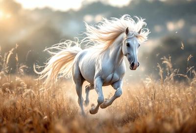 Primary subject: A white horse with blonde hair running through a field.

Setting/background: The horse is running through a field with tall grass, and there is a forest in the background.

Visual style: The image is a photo of the horse in motion.

Colors and mood: The dominant colors are white and blonde, with a warm and natural atmosphere.