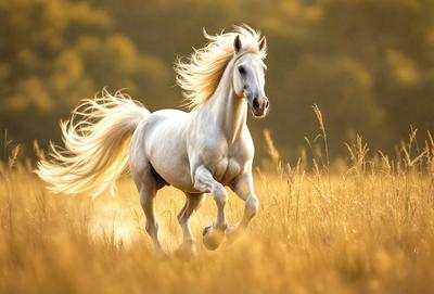 Primary subject: A white horse with blonde mane and tail, running through a field of tall grass.

Setting/background: The horse is running through a field of tall grass, with a forest in the background.

Visual style: The image is a photo of the horse in motion.

Colors and mood: The dominant colors are yellow and green, with the horse's white fur and the tall grass creating a warm and natural atmosphere.