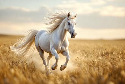 Primary subject: A white horse with blonde mane and tail, running in a field.

Setting/background: The horse is running in a field with tall grass, and there are clouds in the sky.

Visual style: The image is a photo of the horse in motion.

Colors and mood: The dominant colors are white and yellow, with a warm and natural atmosphere.