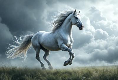 Primary subject: A white horse running in a field.

Setting/background: The horse is running in a grassy field with clouds in the background.

Visual style: The image is a digital art illustration of a white horse.

Colors and mood: The image has a vibrant and lively atmosphere, with the white horse and the grassy field creating a sense of freedom and movement.