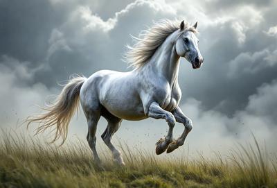 Primary subject: A white horse running in a field.

Setting/background: The horse is running in a grassy field with a cloudy sky in the background.

Visual style: The image is a digital art or illustration of the horse running.

Colors and mood: The dominant colors are white and gray, with a slightly moody atmosphere due to the cloudy sky.