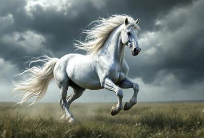 Primary subject: A white horse running in a field.

Setting/background: The horse is running in a grassy field with a cloudy sky in the background.

Visual style: The image is a digital art or illustration of the horse running.

Colors and mood: The dominant colors are white and gray, with a slightly gloomy atmosphere due to the cloudy sky.