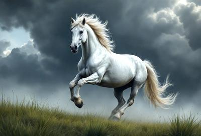 Primary subject: A white horse running in a field.

Setting/background: The horse is running in a grassy field with a cloudy sky in the background.

Visual style: The image is a digital art or illustration of the horse running.

Colors and mood: The dominant colors are white and gray, with a slightly gloomy atmosphere due to the cloudy sky.