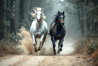 Primary subject: Two horses running on a dirt road.

Setting/background: The horses are running through a forest, with trees in the background.

Visual style: The image is a photo of the two horses running.

Colors and mood: The image has a sepia tone, giving it a vintage and nostalgic feel. The horses are running through the forest, creating a sense of freedom and adventure.