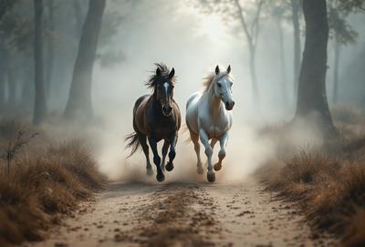 Primary subject: Two horses running down a dirt road.

Setting/background: The road is surrounded by trees, creating a forest-like atmosphere.

Visual style: The image is a photo of the two horses running.

Colors and mood: The image has a sepia tone, giving it a warm and nostalgic feel.