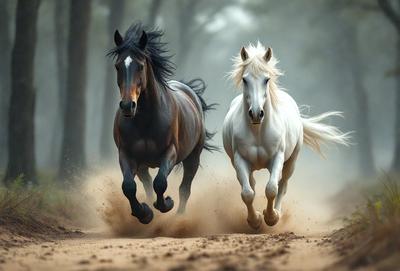 Primary subject: Two horses running in the dirt.
Setting/background: A dirt road with trees in the background.
Visual style: A photo of the two horses running.
Colors and mood: The image is in black and white, giving it a classic and timeless feel.