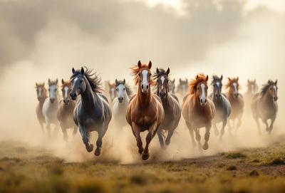 Primary subject: Horses
Setting/background: Dirt field
Visual style: Photo
Colors and mood: Orange and brown tones