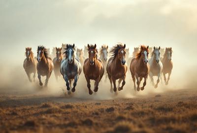 Primary subject: Horses running in a field.
Setting/background: A field with dirt and grass.
Visual style: A photo of the horses running.
Colors and mood: The image is in black and white, giving it a classic and timeless feel.