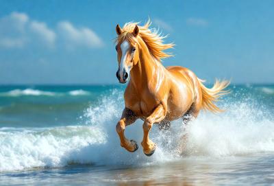 Primary subject: A brown horse running through the ocean waves.

Setting/background: The ocean, with waves and water surrounding the horse.

Visual style: The image is a photo of the horse running through the ocean waves.

Colors and mood: The dominant colors are blue and white, with the ocean waves and the horse's fur. The overall atmosphere is energetic and dynamic, as the horse is running through the water.