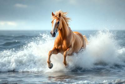 Primary subject: A brown horse running through the ocean waves.

Setting/background: The ocean, with waves and water surrounding the horse.

Visual style: The image is a photo of the horse running through the ocean waves.

Colors and mood: The dominant colors are blue and white, with the ocean waves and the horse's brown fur. The overall atmosphere is energetic and dynamic, as the horse is in motion and interacting with the ocean environment.