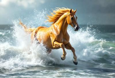 Primary subject: A horse running through the ocean.

Setting/background: The ocean, with waves and water.

Visual style: Digital art.

Colors and mood: The image is in black and white, giving it a classic and timeless feel. The horse's mane is a vibrant orange, contrasting with the black and white ocean and waves. The overall atmosphere is dynamic and energetic, as the horse runs through the water.
