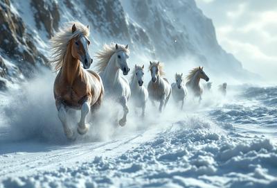 Primary subject: A group of white horses running through the snow.

Setting/background: The snowy mountain range serves as the backdrop for the scene.

Visual style: The image is a digital artwork, featuring a snowy landscape with the horses as the main focus.

Colors and mood: The dominant colors are white and snowy, creating a cold and serene atmosphere.