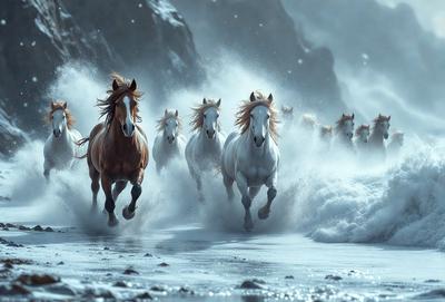 Primary subject: Horses
Setting/background: Snowy mountain
Visual style: Digital art
Colors and mood: Blue, white, and gray