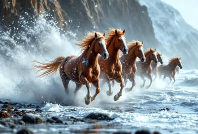 Primary subject: Horses
Setting/background: Ocean
Visual style: Photo
Colors and mood: Blue and white