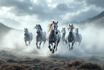 Primary subject: A group of white horses running in a field.

Setting/background: The horses are running in a field with mountains in the background.

Visual style: The image is a photo of the horses running in the field.

Colors and mood: The image has a vibrant and energetic atmosphere, with the white horses and the lush green field creating a sense of freedom and movement.