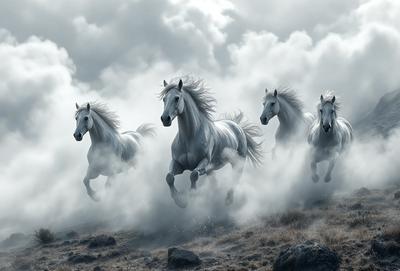 Primary subject: A group of white horses running through a field.

Setting/background: The horses are running through a field with rocks and a cloudy sky in the background.

Visual style: The image is a photo of the horses running through the field.

Colors and mood: The dominant colors are white and gray, with the sky appearing cloudy. The overall atmosphere is energetic and dynamic, as the horses are captured in motion.