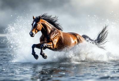 Primary subject: A brown horse running through water.

Setting/background: The horse is running through a body of water, possibly a lake or a river.

Visual style: The image is a photo of the horse in motion.

Colors and mood: The image has a vibrant and dynamic atmosphere, with the horse's brown color contrasting against the water.
