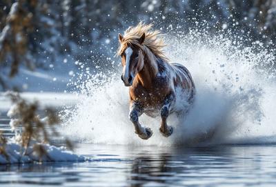 Primary subject: A brown and white horse running through the water.

Setting/background: The horse is running through a body of water, possibly a river or a lake.

Visual style: The image is a photo of the horse in motion.

Colors and mood: The image has a vibrant and dynamic mood, with the horse's brown and white fur contrasting against the water's blue and white colors.