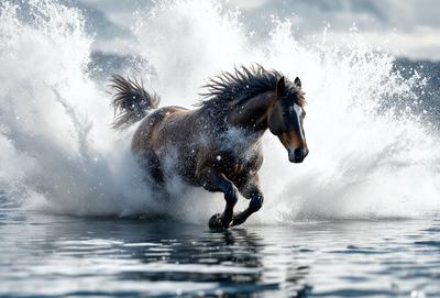 Primary subject: A horse running through water.

Setting/background: The horse is running through a body of water, possibly a lake or a river.

Visual style: The image is a photo of the horse in action.

Colors and mood: The image has a vibrant and dynamic color palette, with the horse's brown and black fur contrasting against the water's blue and white hues. The overall atmosphere is energetic and captivating.