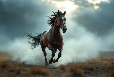 Primary subject: A brown horse running in a field.

Setting/background: The horse is running through a field with a dusty surface.

Visual style: The image is a photo of the horse in motion.

Colors and mood: The dominant colors are brown and orange, with a dusty and dynamic atmosphere.