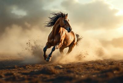 Primary subject: A brown horse running on a dirt field.

Setting/background: The horse is running on a dirt field, with a cloudy sky in the background.

Visual style: The image is a photo of the horse in motion.

Colors and mood: The dominant colors are brown and orange, with a dusty and dynamic atmosphere.