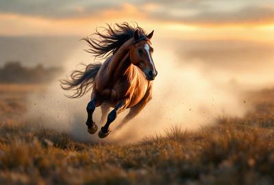 Primary subject: A brown horse running in a field.

Setting/background: The horse is running through a grassy field, with a sunset in the background.

Visual style: The image is a photo of the horse in motion.

Colors and mood: The dominant colors are brown and orange, with a warm and lively atmosphere.