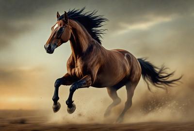Primary subject: A brown horse running on a dirt field.

Setting/background: The horse is running on a dirt field, with a cloudy sky in the background.

Visual style: The image is a digital art or illustration of a horse running.

Colors and mood: The dominant colors are brown and grey, with a dusty and dynamic atmosphere.