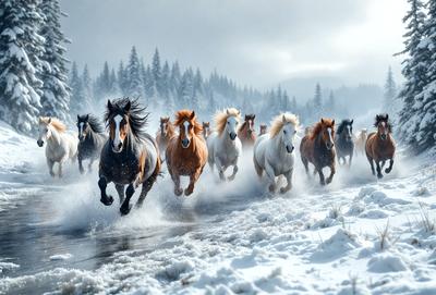 The primary subject of the image is a group of horses running through the snow. The setting is a snowy landscape with trees in the background. The visual style is a photo, capturing the horses in motion. The colors and mood of the image are predominantly white and cold, as the snowy environment and the horses' movement create a sense of motion and energy.