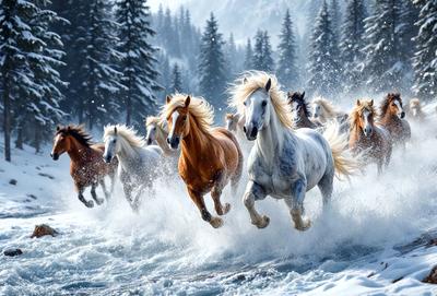 Primary subject: Horses
Setting/background: Snowy landscape
Visual style: Digital art
Colors and mood: White, orange, and brown