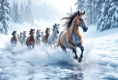 Primary subject: A group of horses running through the snow.

Setting/background: The scene takes place in a snowy environment, with the horses running through a river.

Visual style: The image is a digital artwork, featuring a beautifully rendered scene of the horses in motion.

Colors and mood: The dominant colors in the image are white, gray, and brown, creating a chilly and serene atmosphere.