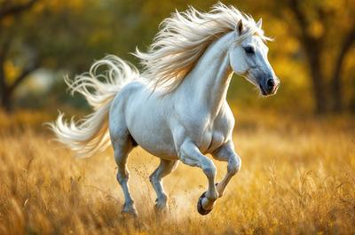Primary subject: A white horse with blonde hair running in a field.

Setting/background: The horse is running in a field with tall grass, and there are trees in the background.

Visual style: The image is a photo of the horse in motion.

Colors and mood: The horse has a blonde mane, and the overall atmosphere is energetic and dynamic.
