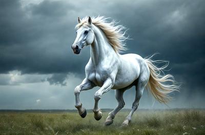 Primary subject: A white horse with blonde hair running in a field.

Setting/background: The horse is running in a grassy field with a cloudy sky in the background.

Visual style: The image is a digital art or illustration of the horse running.

Colors and mood: The dominant colors are white and blonde, with a slightly gloomy atmosphere due to the cloudy sky.