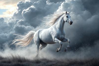 Primary subject: A white horse running in a field.

Setting/background: The horse is running in a field with a cloudy sky in the background.

Visual style: The image is a digital artwork.

Colors and mood: The dominant colors are white and gray, with a slightly moody atmosphere.