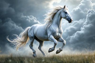 Primary subject: A white horse running in a field.

Setting/background: The horse is running in a grassy field with a cloudy sky in the background.

Visual style: The image is a digital art or illustration of the horse running.

Colors and mood: The dominant colors are white and gray, with a slightly moody atmosphere due to the cloudy sky.