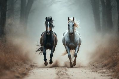Primary subject: Two horses running on a dirt road.

Setting/background: The horses are running on a dirt road, with trees in the background.

Visual style: The image is a photo of the two horses running.

Colors and mood: The image has a sepia tone, giving it a vintage and nostalgic feel. The horses are running in the dirt, creating a sense of motion and energy.