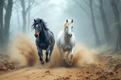 Primary subject: Two horses running on a dirt road.

Setting/background: The horses are running on a dirt road, with trees in the background.

Visual style: The image is a photo of the two horses running.

Colors and mood: The image has a sepia tone, giving it a vintage and nostalgic feel. The horses are running through the dirt, creating a sense of motion and energy.