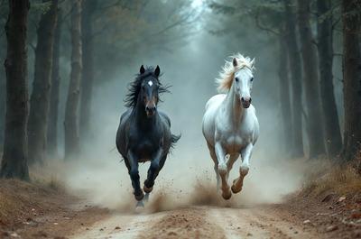 Primary subject: Two horses running down a dirt road.

Setting/background: The road is surrounded by trees, creating a forest-like atmosphere.

Visual style: The image is a photo of the two horses running.

Colors and mood: The scene is in black and white, giving it a classic and timeless feel. The horses' movement and the dirt road create a sense of energy and excitement.