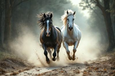Primary subject: Two horses running on a dirt road.

Setting/background: The horses are running on a dirt road, with trees in the background.

Visual style: The image is a photo of the two horses running.

Colors and mood: The image has a sepia tone, giving it a warm and nostalgic atmosphere.