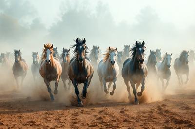 Primary subject: Horses
Setting/background: Dirt ground
Visual style: Photo
Colors and mood: Brown and dusty