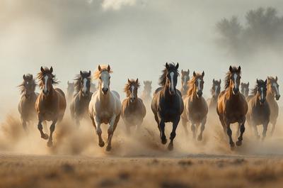 Primary subject: Horses
Setting/background: Dirt field
Visual style: Photo
Colors and mood: Brown and dusty