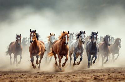 Primary subject: Horses
Setting/background: Dirt ground
Visual style: Photo
Colors and mood: Brown and orange hues, with a dusty and dynamic atmosphere.