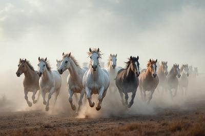 Primary subject: Horses
Setting/background: Dirt ground
Visual style: Photo
Colors and mood: White and brown