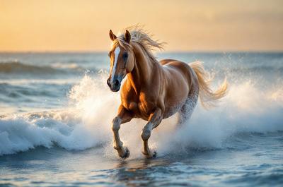 Primary subject: A brown horse running through the ocean waves.

Setting/background: The ocean, with waves and water surrounding the horse.

Visual style: The image is a photo of the horse running through the ocean waves.

Colors and mood: The dominant colors are brown and blue, with the ocean waves adding a sense of motion and energy to the scene. The overall atmosphere is dynamic and exciting.