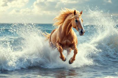 Primary subject: A brown horse with blonde hair running through the ocean waves.

Setting/background: The ocean, with waves and water surrounding the horse.

Visual style: The image is a photo of the horse in motion.

Colors and mood: The dominant colors are blue and white, with the ocean waves and the horse's blonde mane adding a sense of motion and energy to the scene. The overall atmosphere is dynamic and energetic.