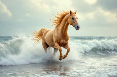 Primary subject: A brown horse running through the ocean waves.

Setting/background: The ocean, with waves and water surrounding the horse.

Visual style: The image is a photo of the horse running through the ocean waves.

Colors and mood: The dominant colors are brown and blue, with the ocean waves adding a sense of motion and energy to the scene. The overall atmosphere is dynamic and exciting.