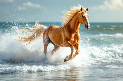 Primary subject: A brown horse running through the ocean waves.

Setting/background: The ocean, with waves and water surrounding the horse.

Visual style: The image is a photo of the horse running through the ocean waves.

Colors and mood: The dominant colors are blue and white, with the ocean waves and the horse's fur. The overall atmosphere is energetic and dynamic, as the horse is in motion and enjoying the water.