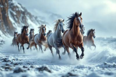 Primary subject: A group of horses running through the snow.

Setting/background: The scene takes place in a snowy mountainous area, with the horses running through the snow.

Visual style: The image is a photo of the horses running in the snow.

Colors and mood: The dominant colors are white and gray, representing the snowy environment. The overall atmosphere is energetic and dynamic, as the horses are running and enjoying the winter landscape.